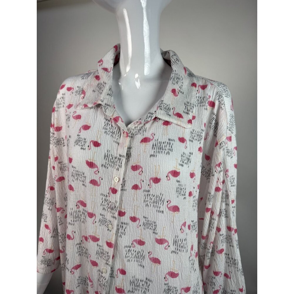Flamingo Print Button-Up Nightshirt By I. Appel XL Polyester/Spandex Blend Made - Picture 9 of 16